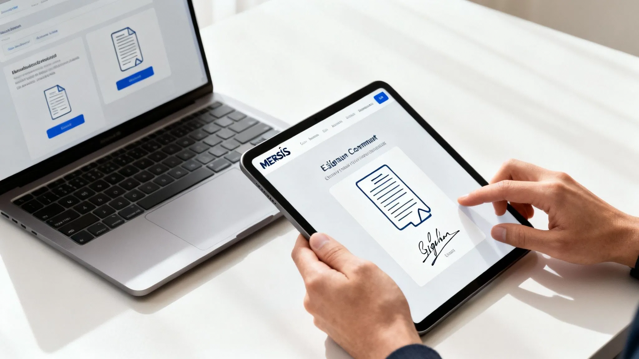 Tablet ve dizüstü bilgisayar üzerinden MERSİS sisteminde e-imza ile belge onaylama sürecini gösteren görsel.