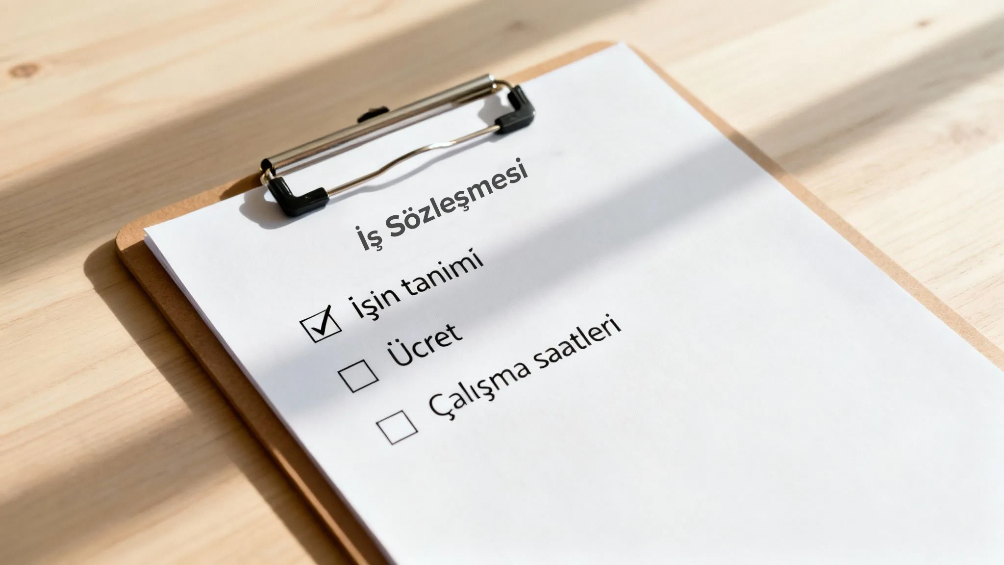 Kontrol listesi bulunan bir iş sözleşmesi formunun, klipsli pano üzerinde masaya yerleştirilmiş hâli.