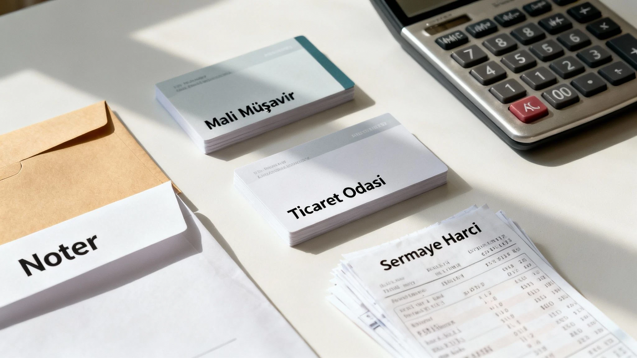 Noter, mali müşavir, ticaret odası ve sermaye harçlarıyla ilgili belgelerin masada yer aldığı, şirket sermayesi ve ortaklık yapısının maliyete etkisini temsil eden görsel.