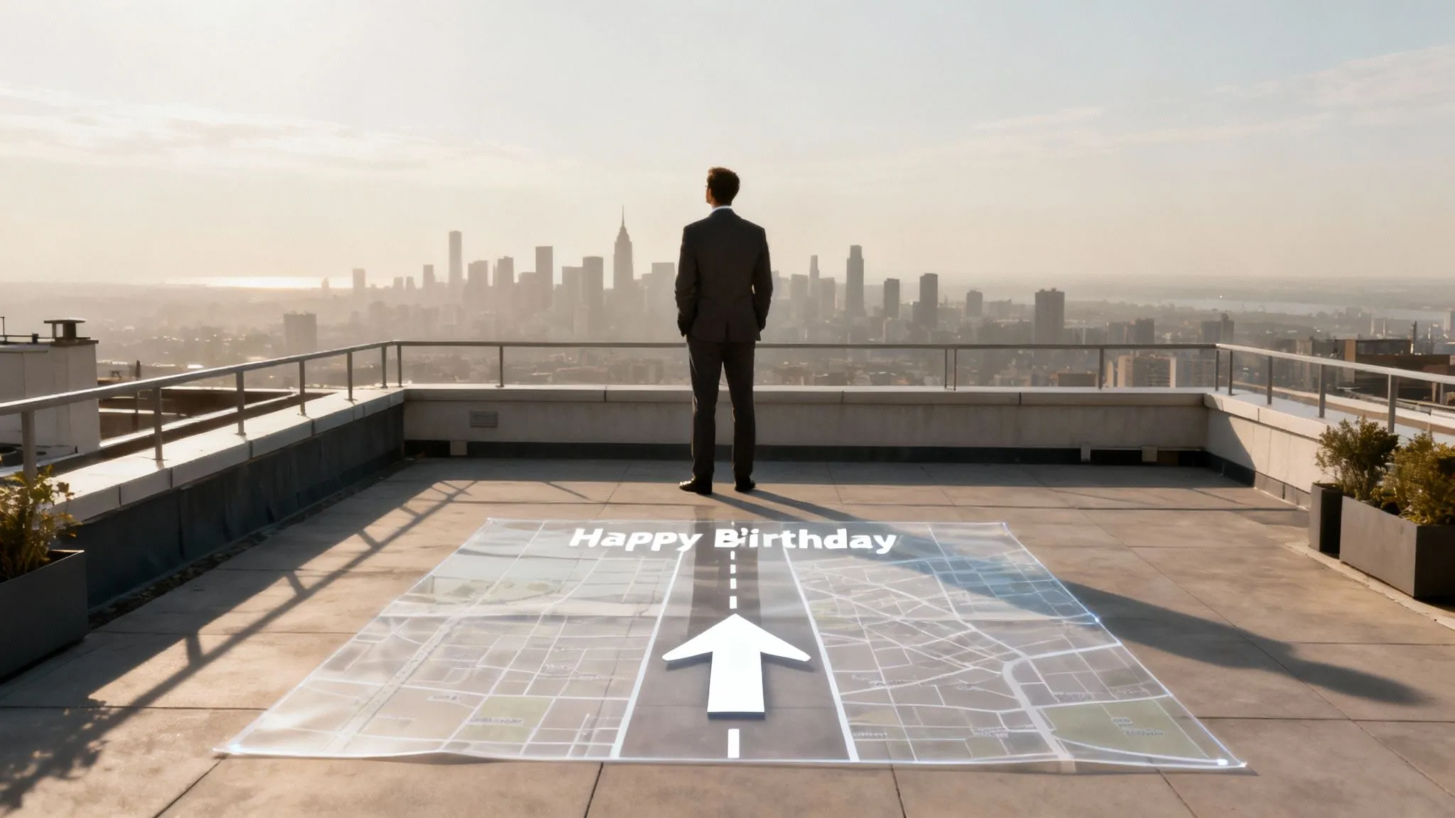 Şehir manzarasına karşı bir çatı terasında ufka bakan iş insanı ve yerde “Happy Birthday” yazılı yönlendirme grafiği.