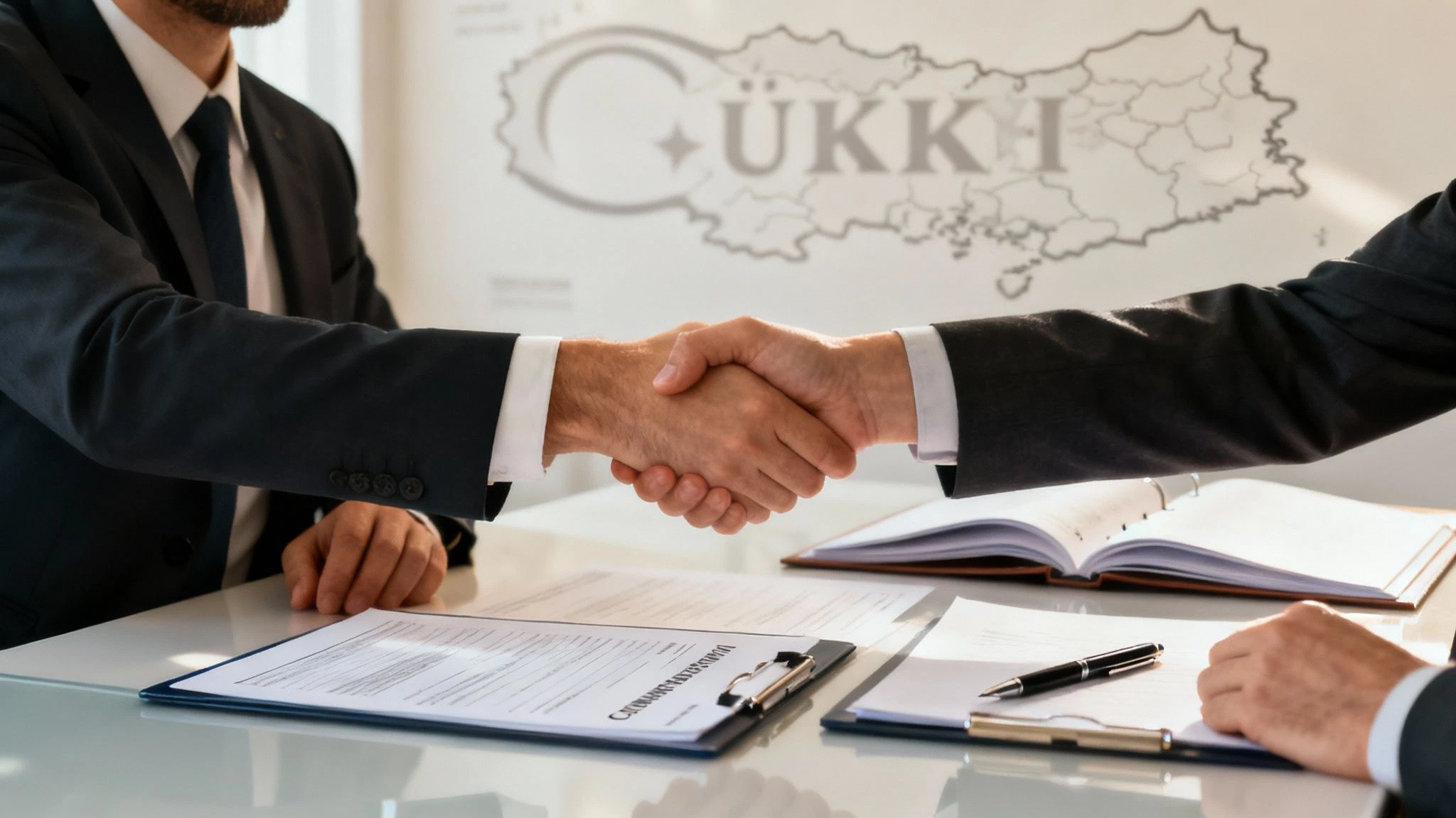 Yabancı ortaklı şirket kuruluşu için iki iş insanının el sıkıştığı anlaşma anı, Türkiye haritası arka planda.
