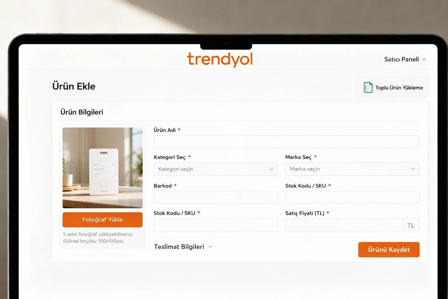 Trendyol satıcı panelinde mağaza ayarlarını yapılandırma ve ürün yükleme ekranının ürün bilgileri formu ile gösterimi