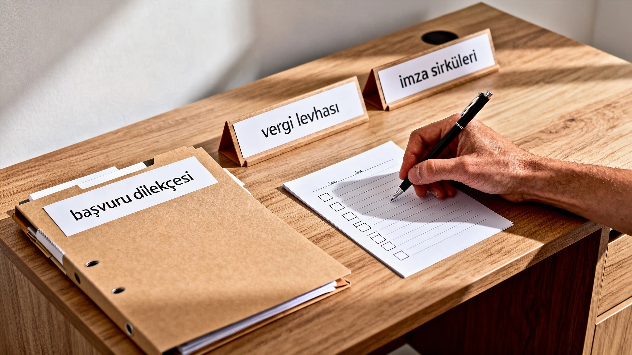 Faaliyet belgesi başvurusu için gerekli evrakların hazırlandığı masada başvuru dilekçesi, vergi levhası ve imza sirküleri