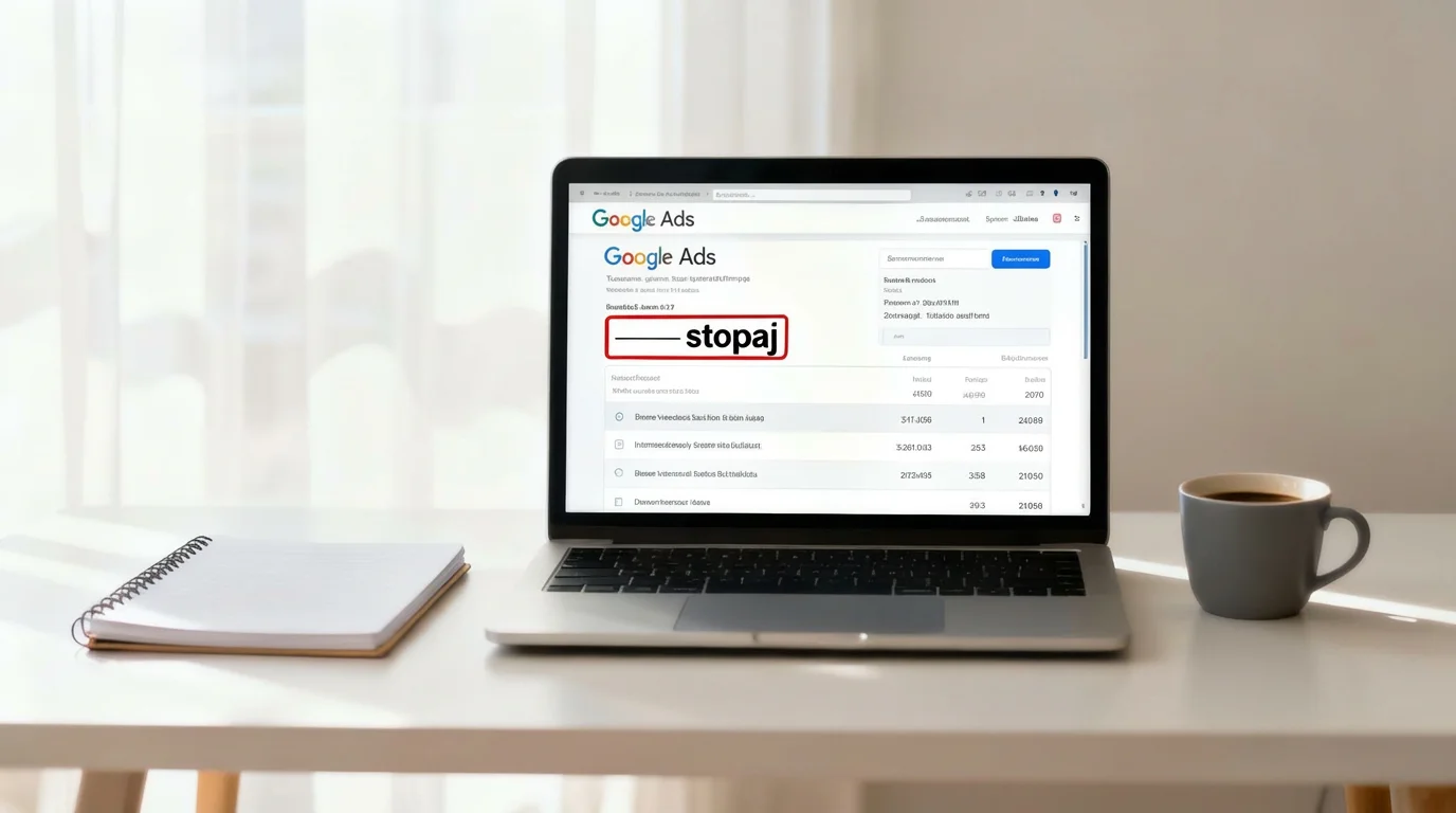 Google Ads reklam stopajı nedir sorusunu anlatan; Google Ads ekranı açık dizüstü bilgisayar ve stopaj vurgusu