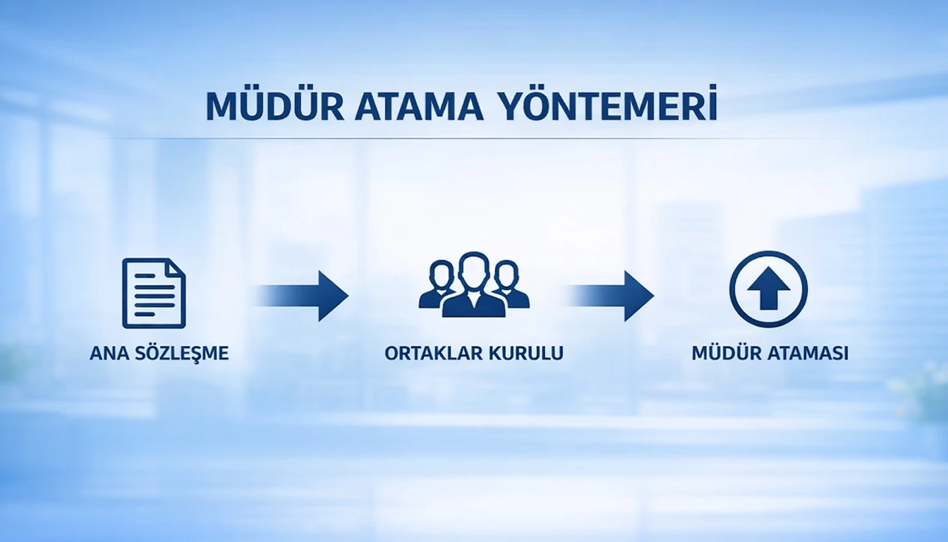 Limited şirketlerde müdür atama sürecini gösteren ana sözleşme, ortaklar kurulu ve tescil adımlarını içeren akış şeması