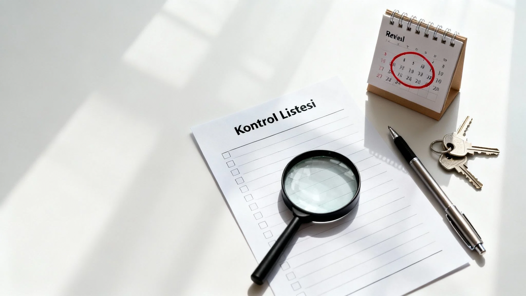 Sözleşme öncesi son kontrol listesi, büyüteç, takvim ve anahtarlarla ofis kiralama sürecini simgeleyen çalışma masası