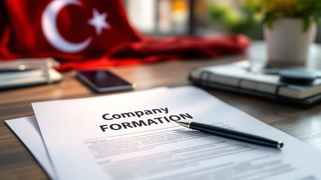 Company formation documents and Turkish flag illustrating the document-readiness stage before registration in Türkiye