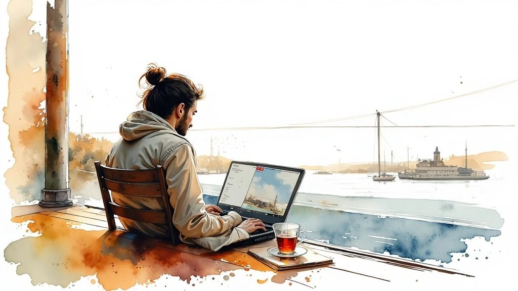 Digital nomad in Turkey working remotely beside the Bosphorus