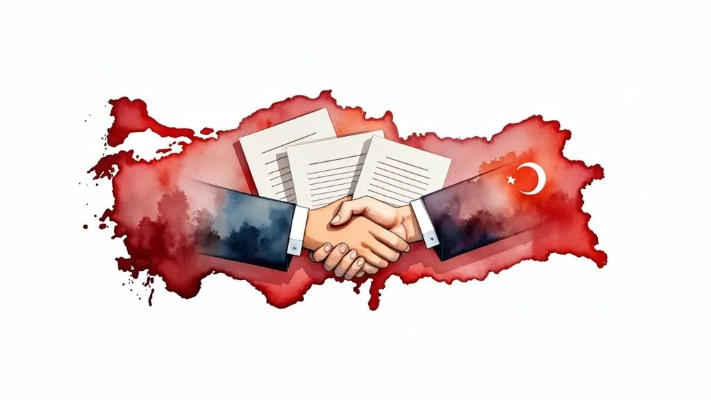 Business agreement and investment documents over a map of Turkey, representing solar investment screening.