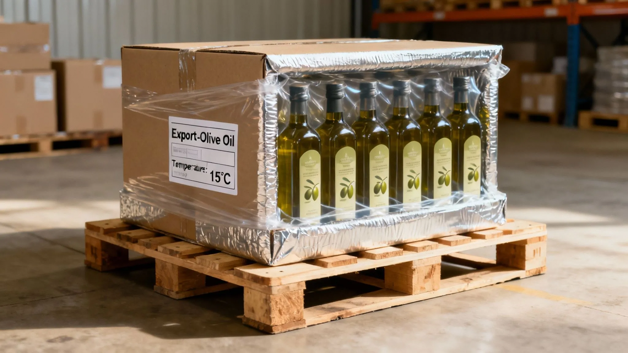 Palletised olive oil prepared for an export shipment with packaging and traceability controls