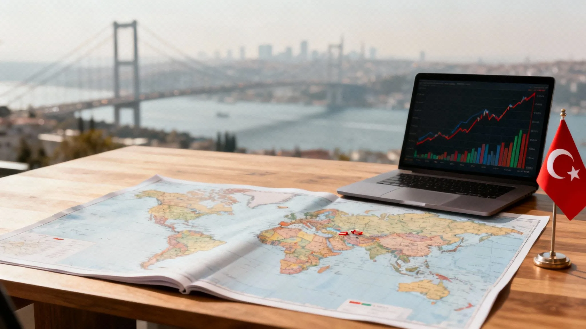 Business expansion planning map and financial growth chart with Istanbul skyline and Turkish flag in the background.