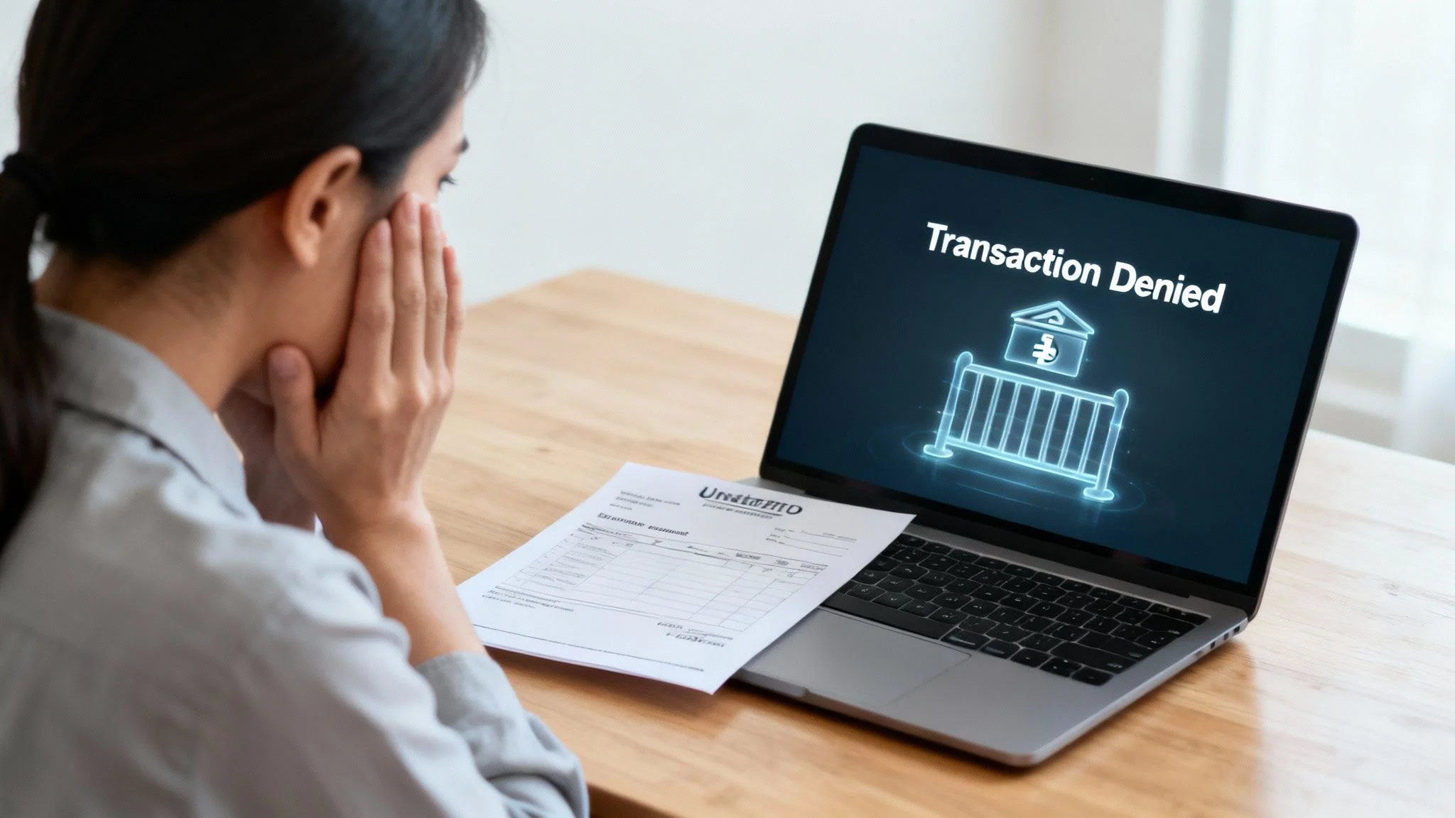 Business owner facing a company bank account freeze after a transaction is denied on a laptop