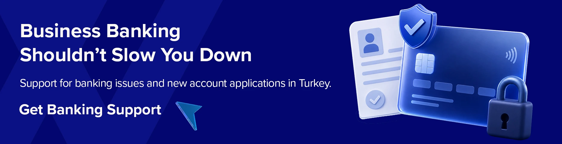 Frozen company bank account in Turkey illustrated with a business bank card, verification document, security badge and padlock.