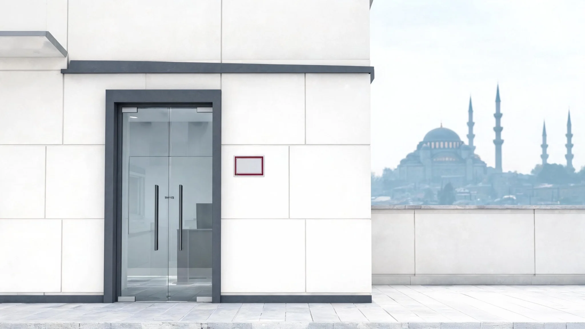 Modern business building entrance representing a virtual office legal address in Turkey for foreign entrepreneurs.