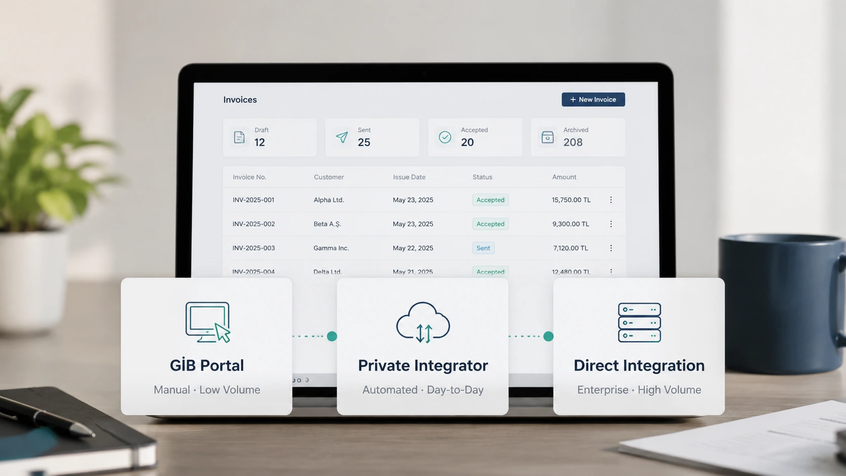 GIB portal private integrator and direct integration methods for e-Archive invoices in Turkey