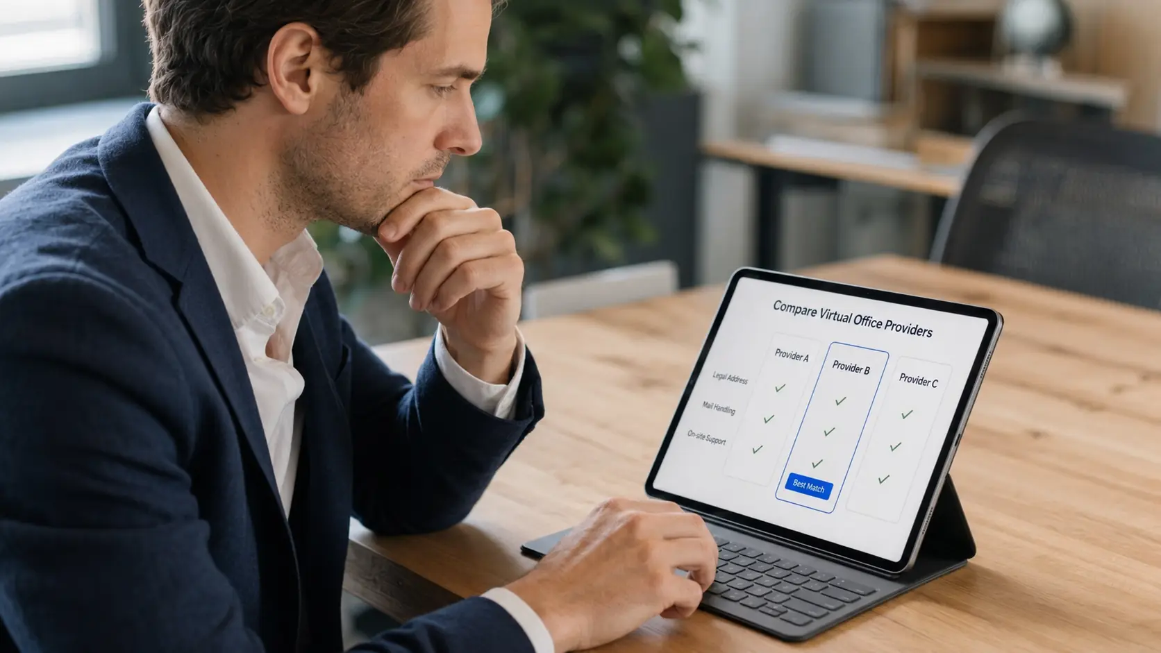 Person comparing virtual-office providers and their services on a tablet.