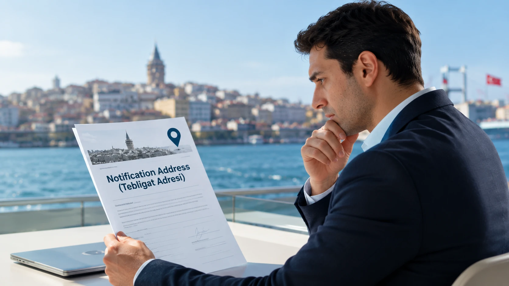 Businessman reviewing a notification address document with Istanbul skyline in the background