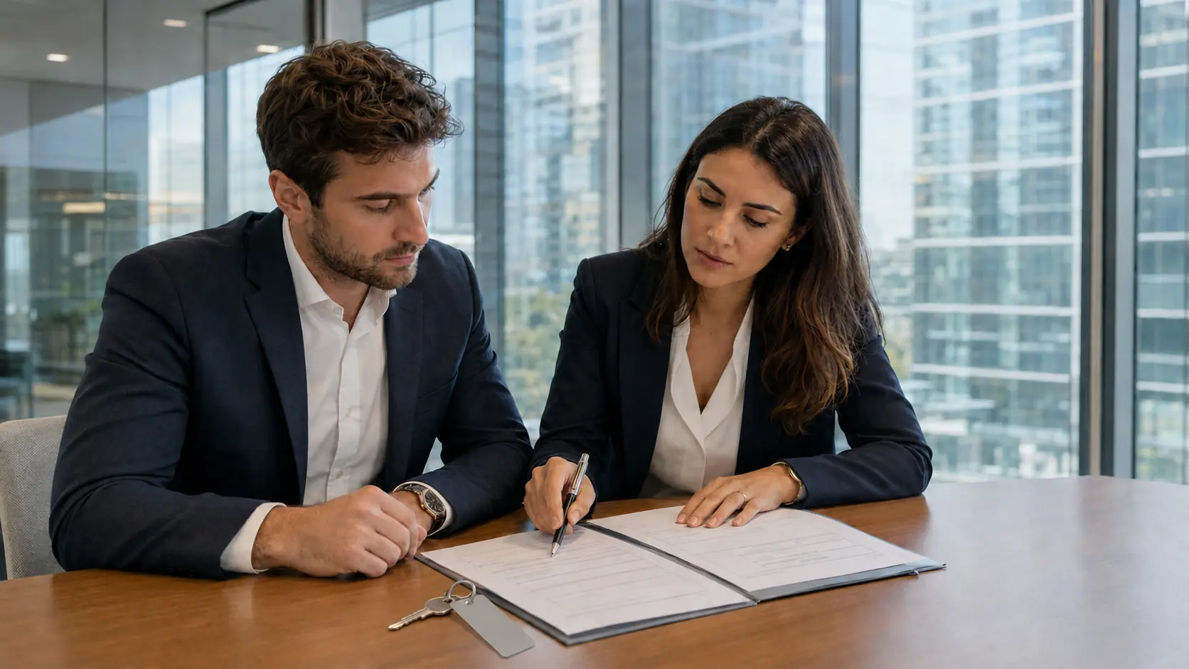 Business professionals reviewing documents for a legal business address in Turkey during the company registration process.