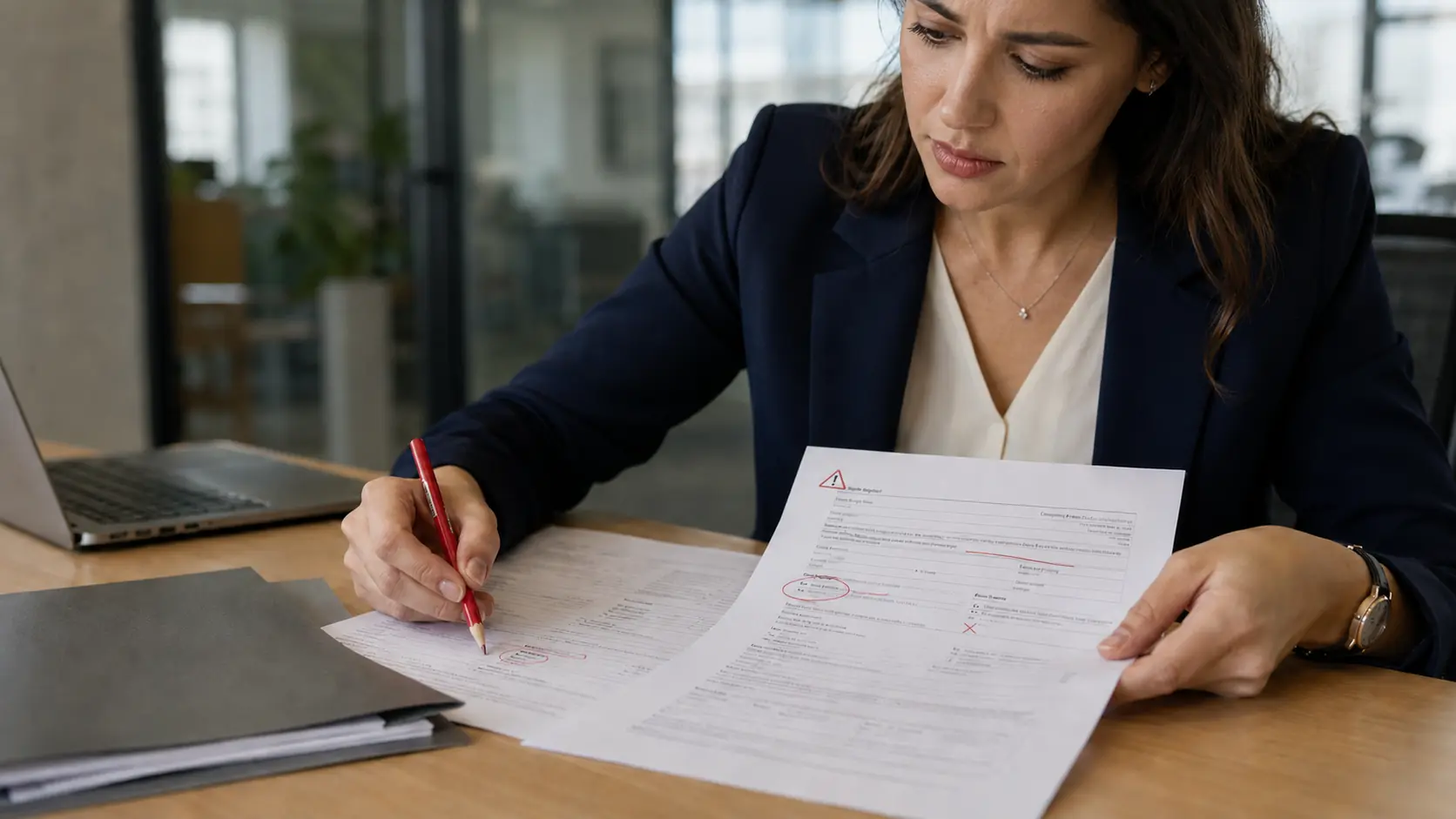 Business professional checking company documents for registered address errors in Turkey.