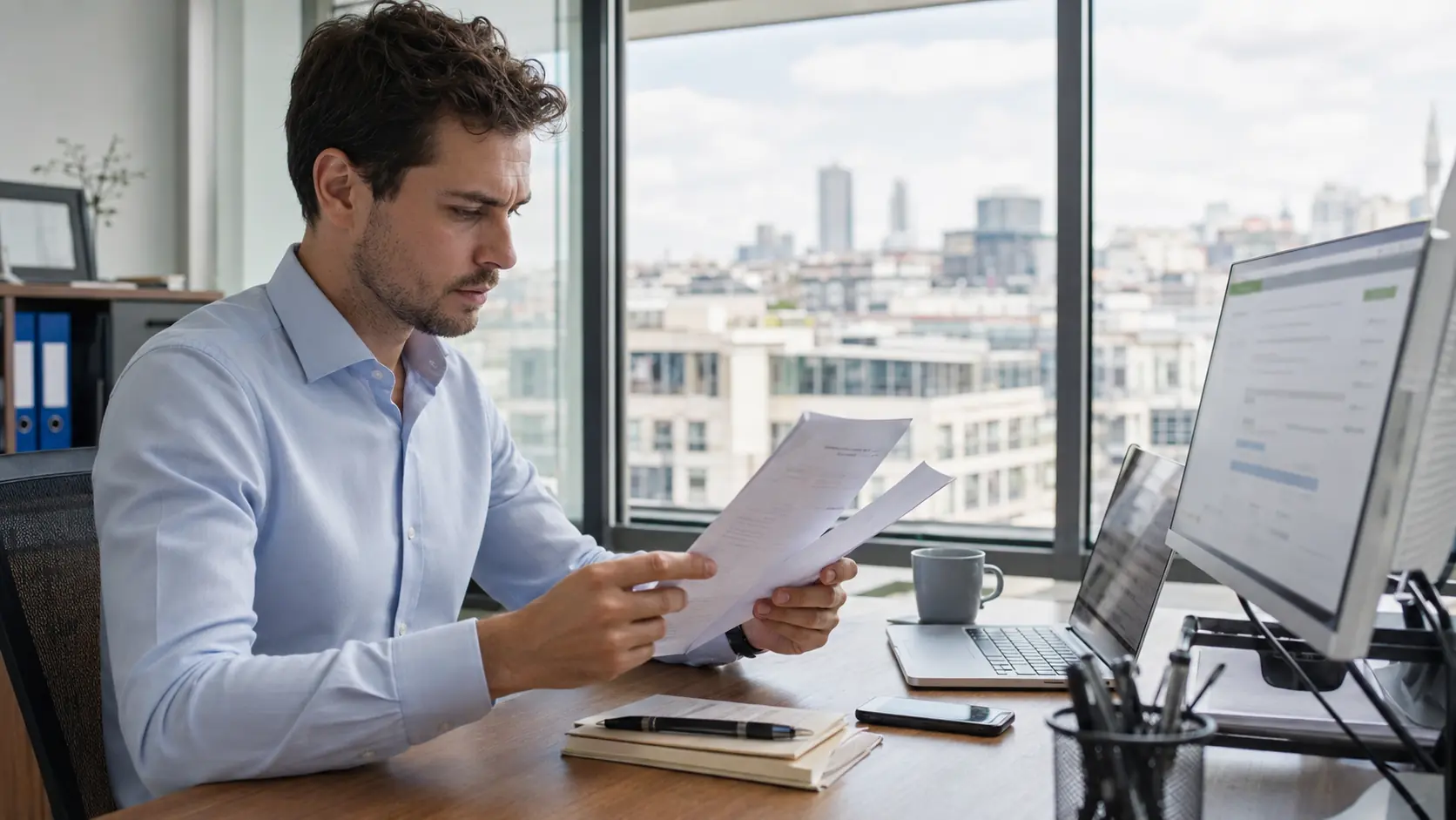 Business owner reviewing official documents at a registered business address in Turkey.