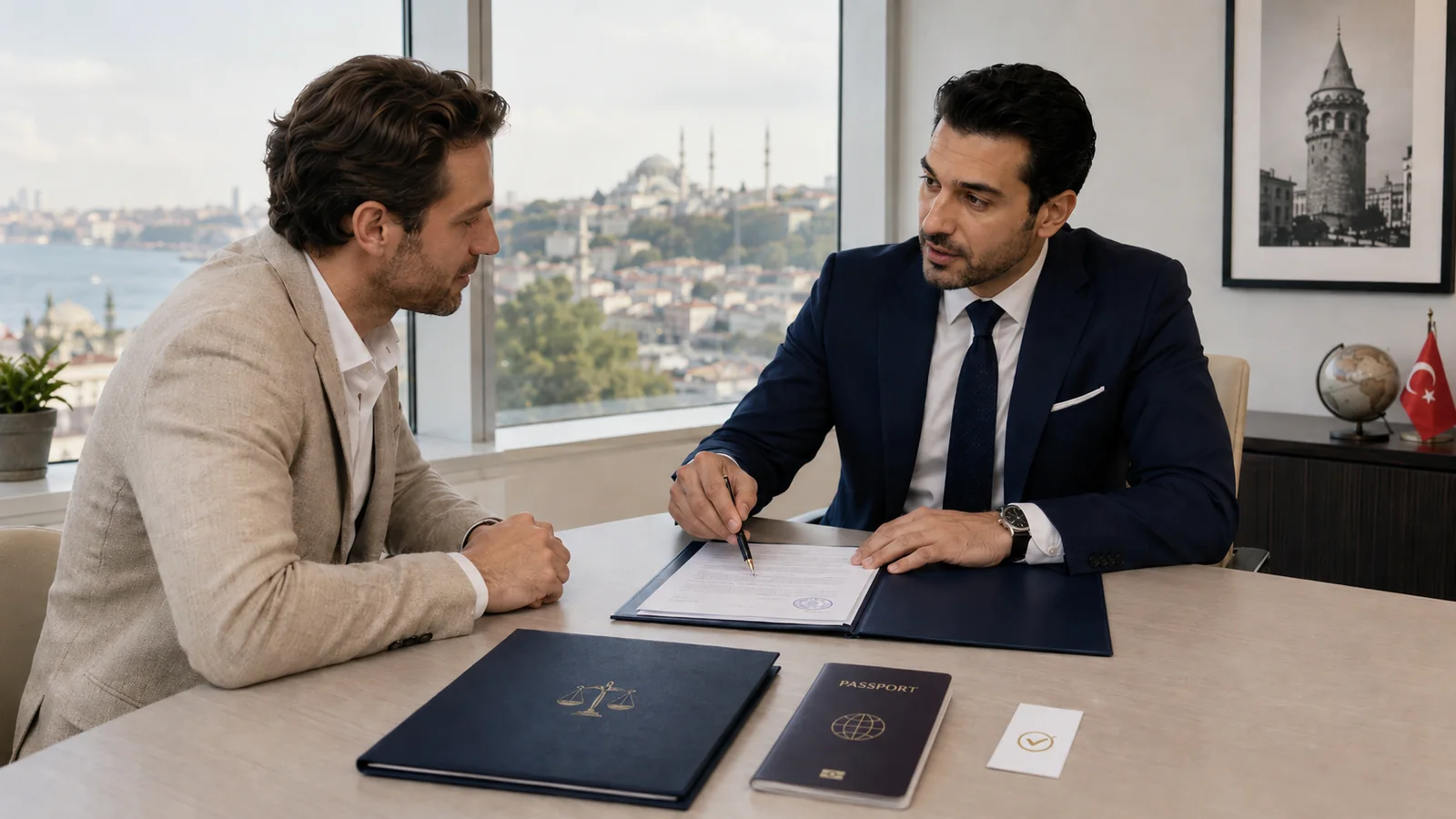 English-speaking lawyer in Turkey explaining legal documents to a foreign entrepreneur during a business consultation
