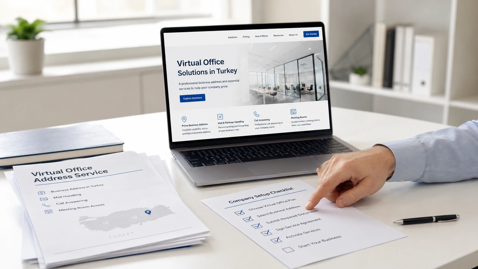 Person reviewing a company setup checklist and registered address service documents