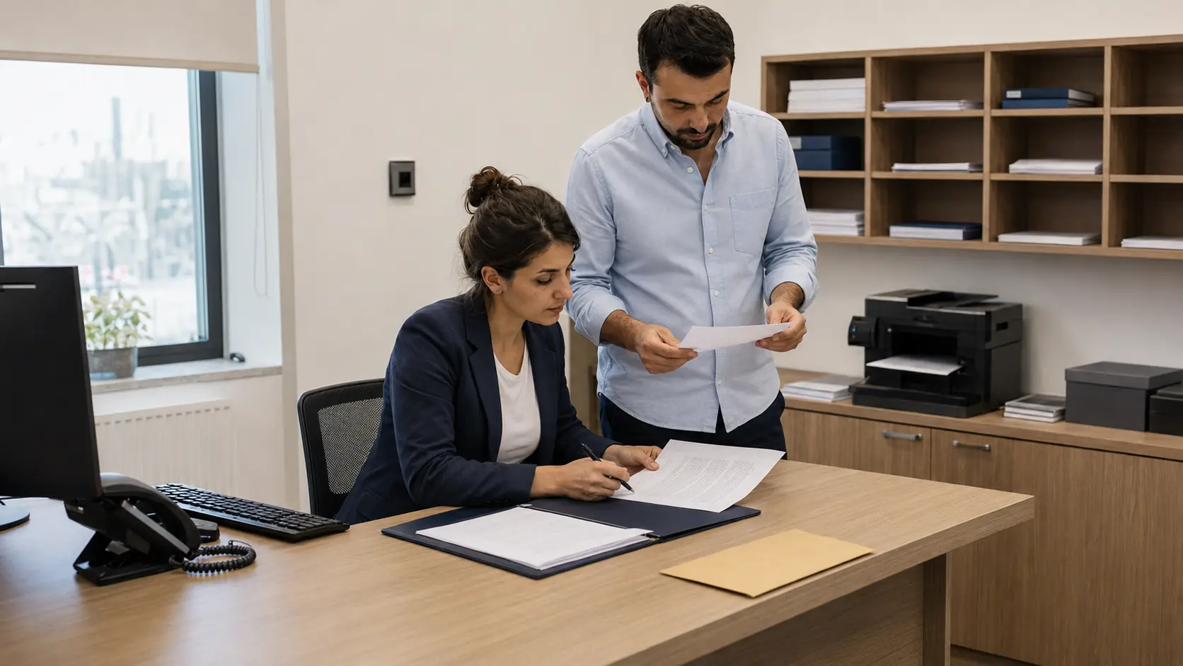 Professionals reviewing registered-address documents before company formation in Turkey.