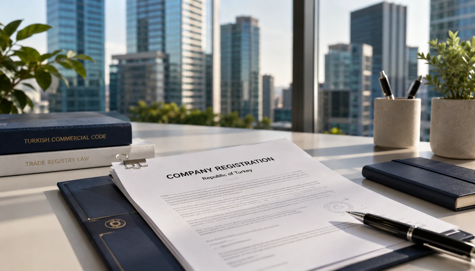 Company documents being reviewed at an Istanbul virtual office before registered-address use.