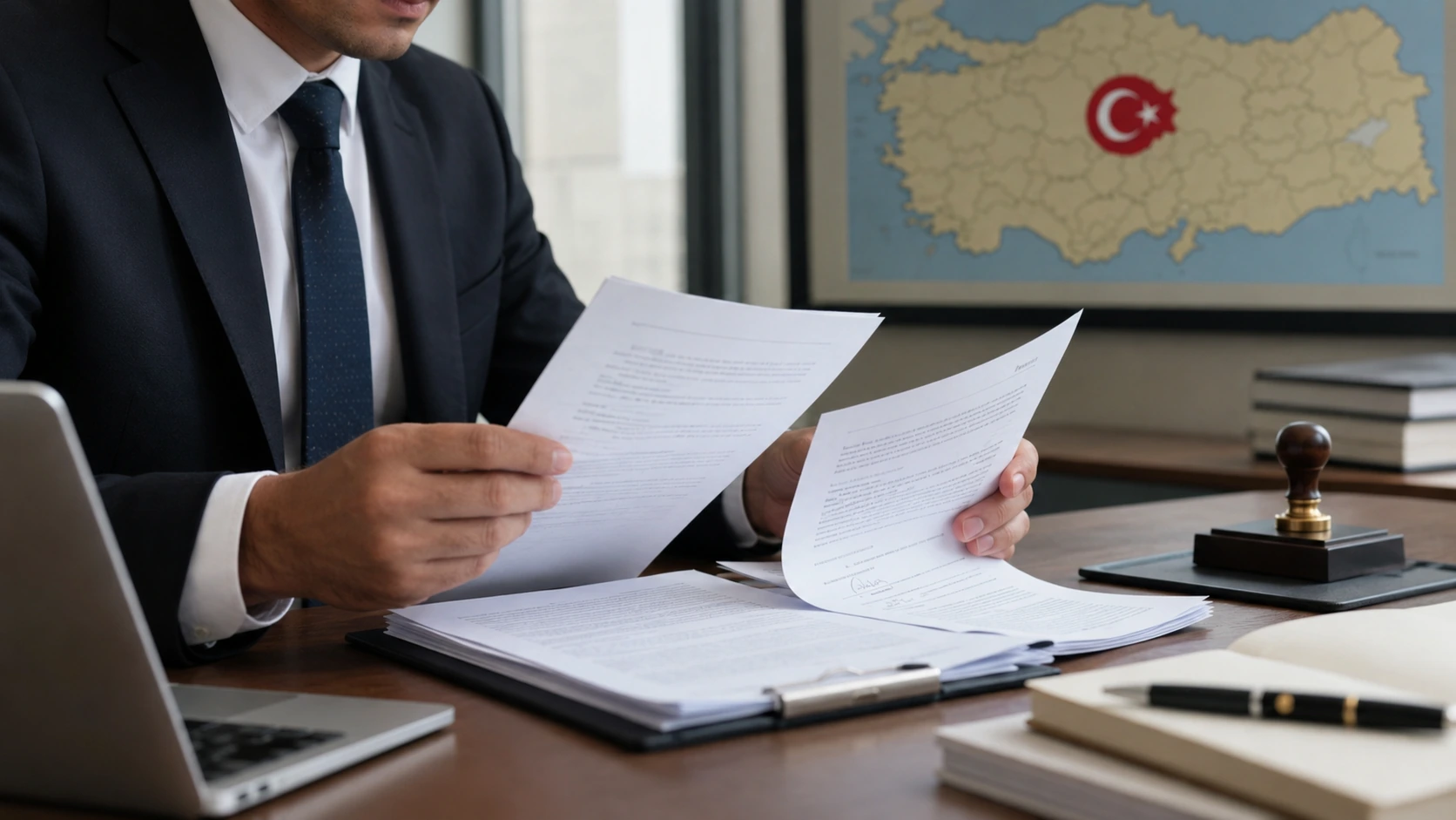 A business professional reviewing legal documents related to virtual office regulations and company registration in Turkey.