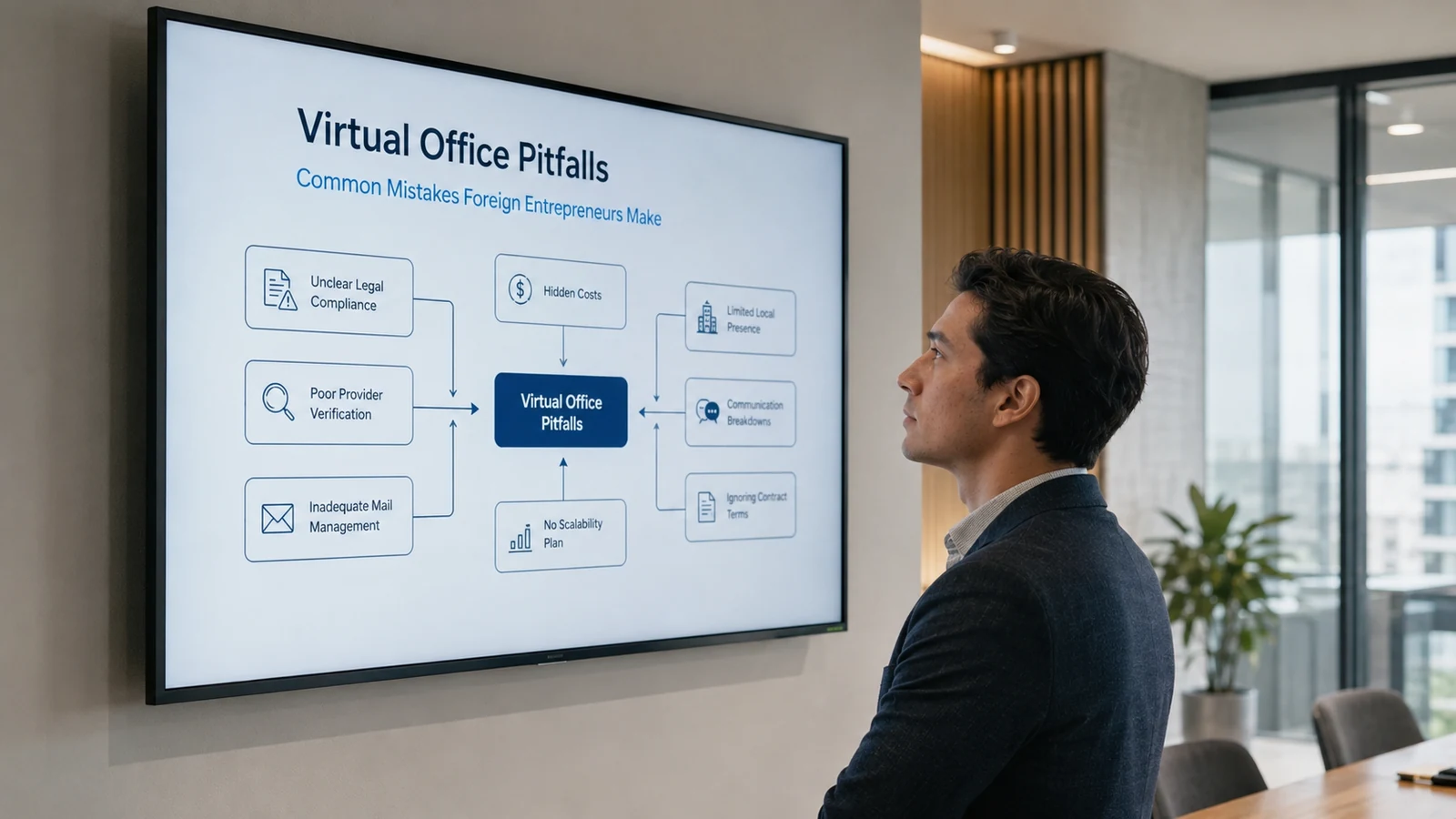 Person viewing a wall-mounted screen showing common virtual-office pitfalls, including hidden costs, provider verification and mail management.