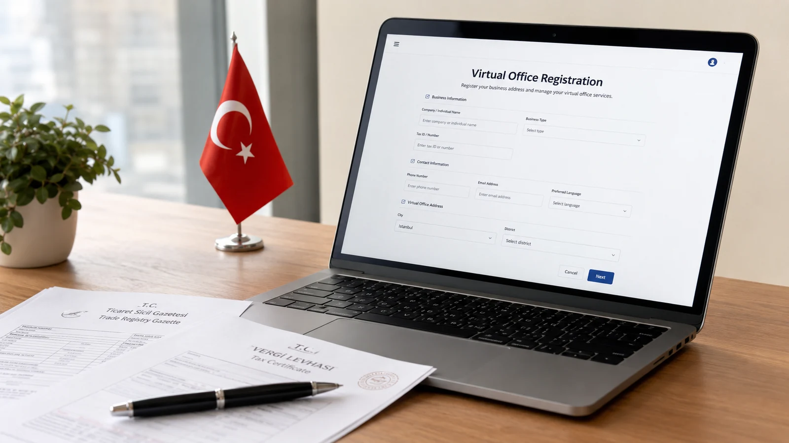 Virtual office address records and tax-office verification documents for a company in Turkey.