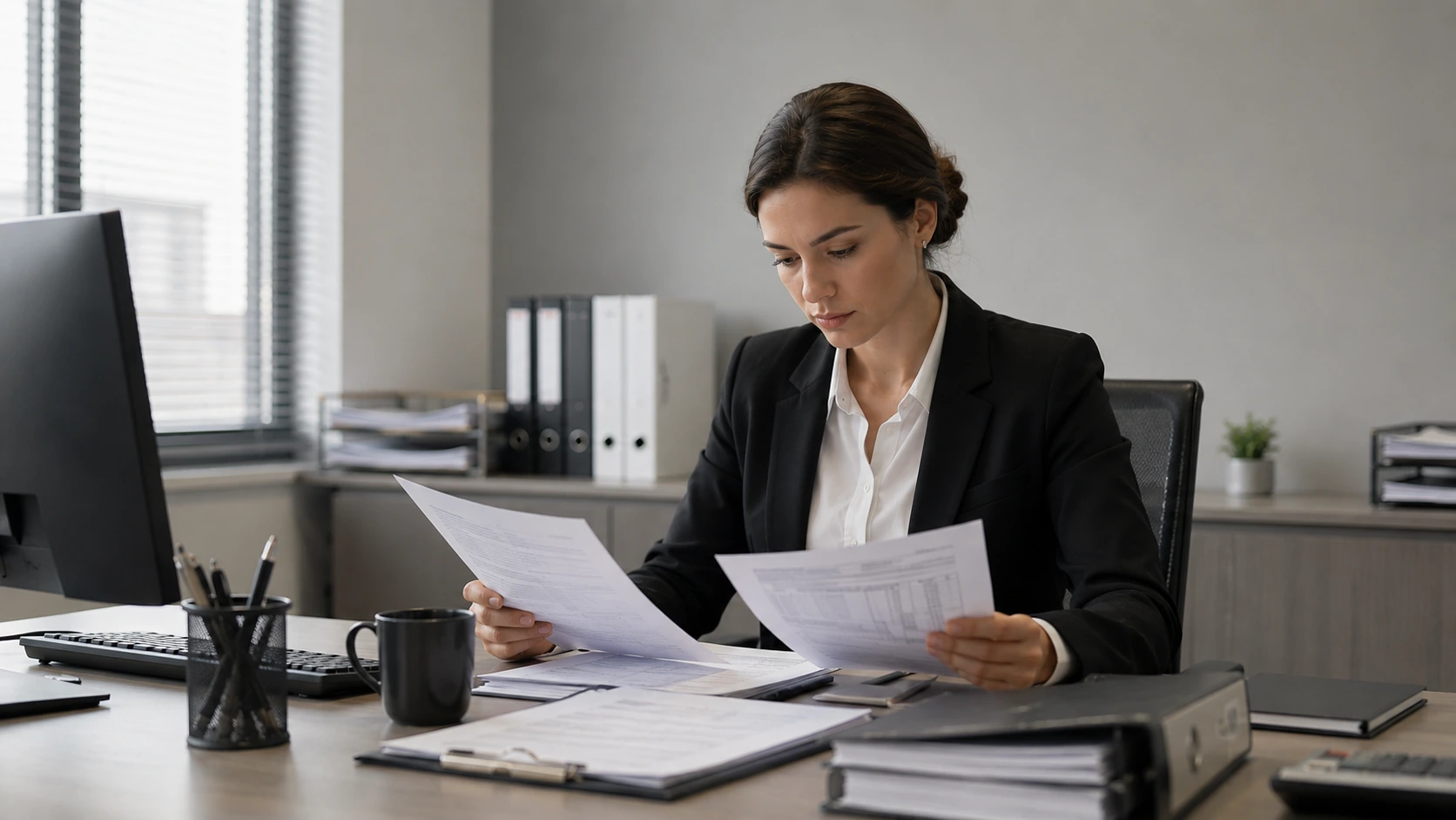 A business professional reviewing company documents to identify virtual office compliance issues and tax inspection risks in Turkey.