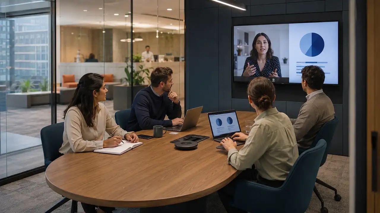Business team using video conferencing and presentation equipment in a modern Istanbul meeting room