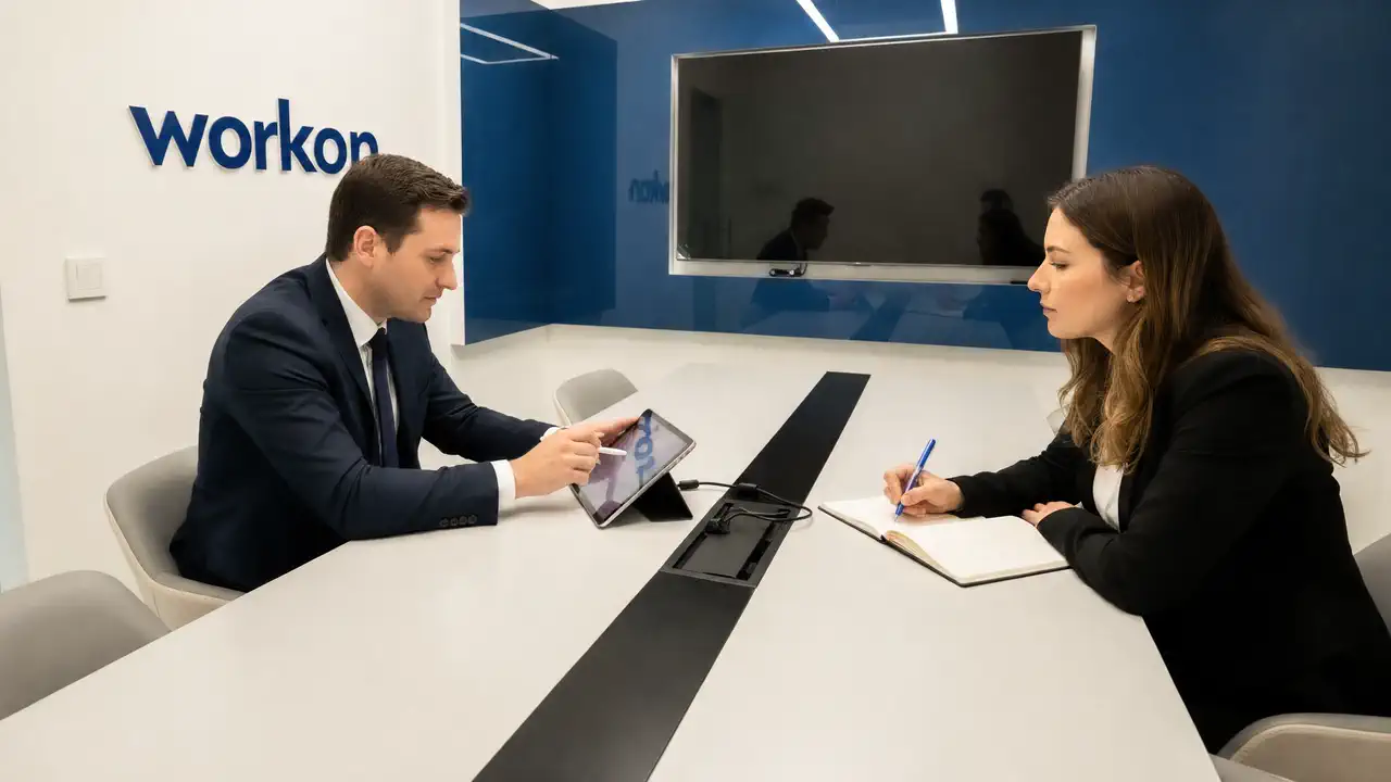 Business consultation in a Workon meeting room showing the distinction between meeting space and registered-address services in Istanbul