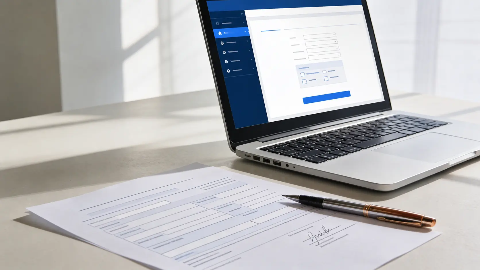 Laptop displaying a registration form beside printed business documents and a pen.