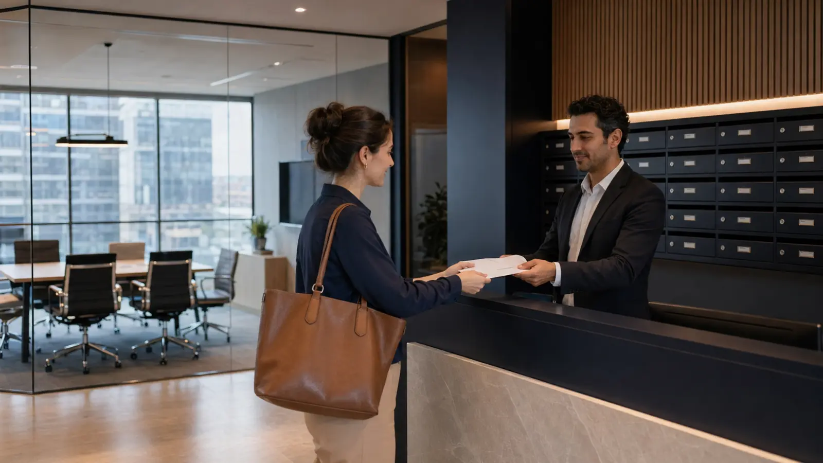 Foreign entrepreneur reviewing registered-address and mail-handling services at a virtual office in Turkey.