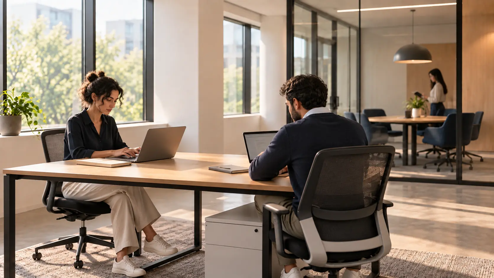 Two people working on laptops at a shared desk beside a glass-enclosed meeting room