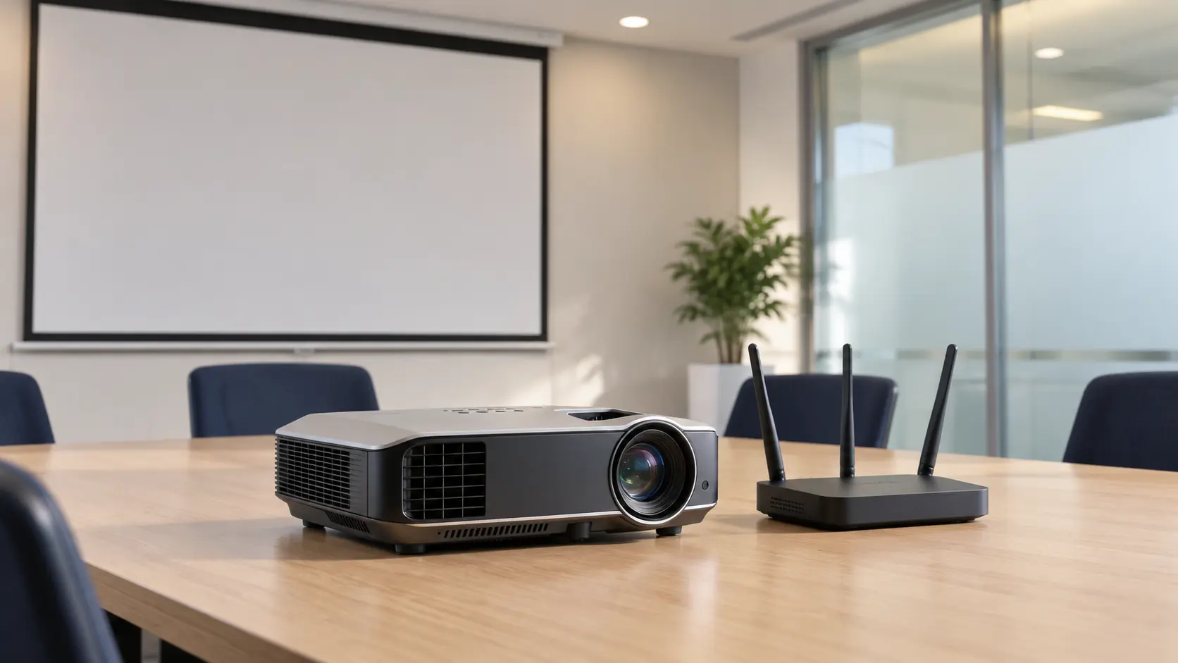 Presentation screen and business Wi-Fi equipment in an Istanbul meeting room