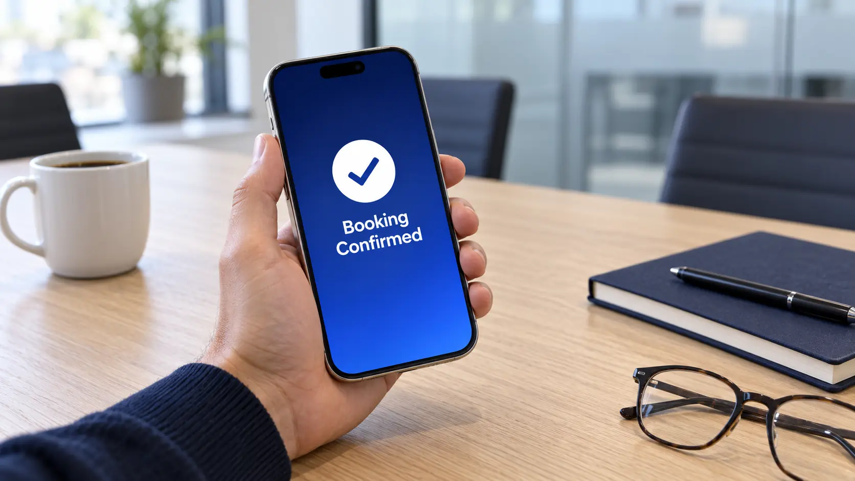 Confirmed hourly meeting-room booking on a smartphone in an Istanbul business centre