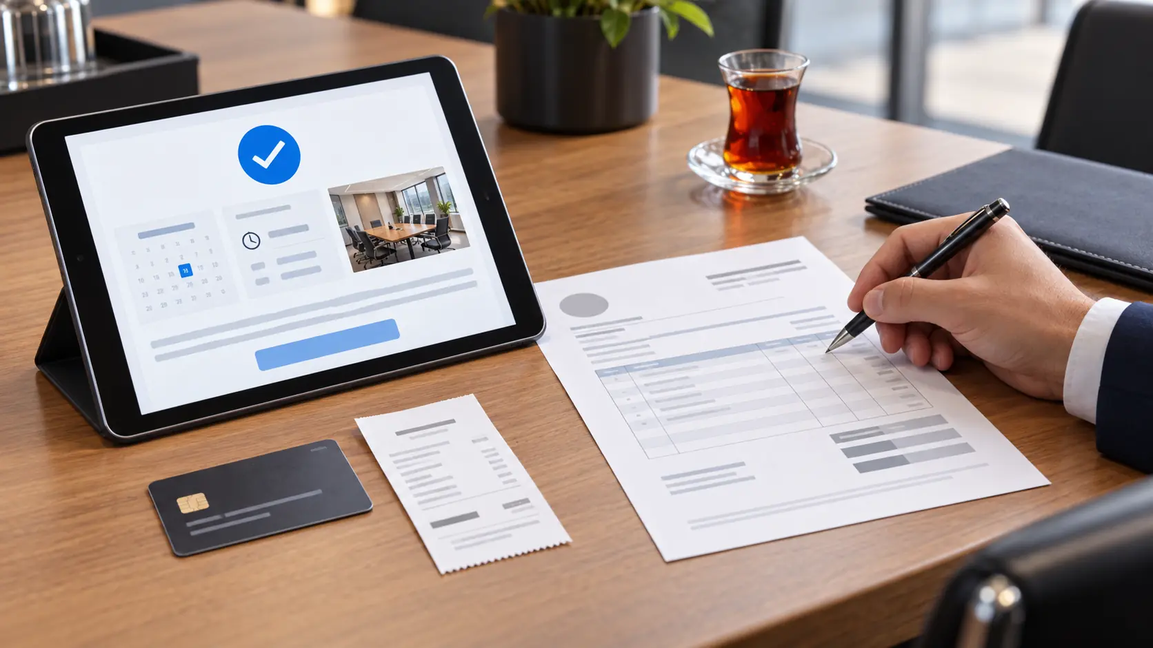 Business professional checking an Istanbul meeting-room booking, invoice and payment details