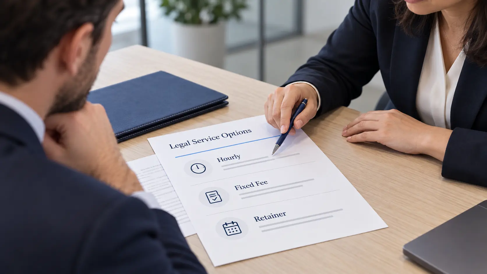 A legal adviser and client reviewing hourly, fixed-fee and retainer service options in Turkey.