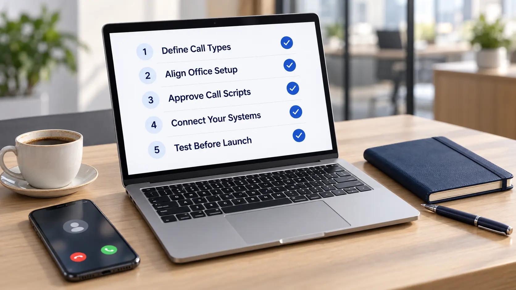 Laptop displaying a five-step business phone answering service setup checklist beside an incoming call