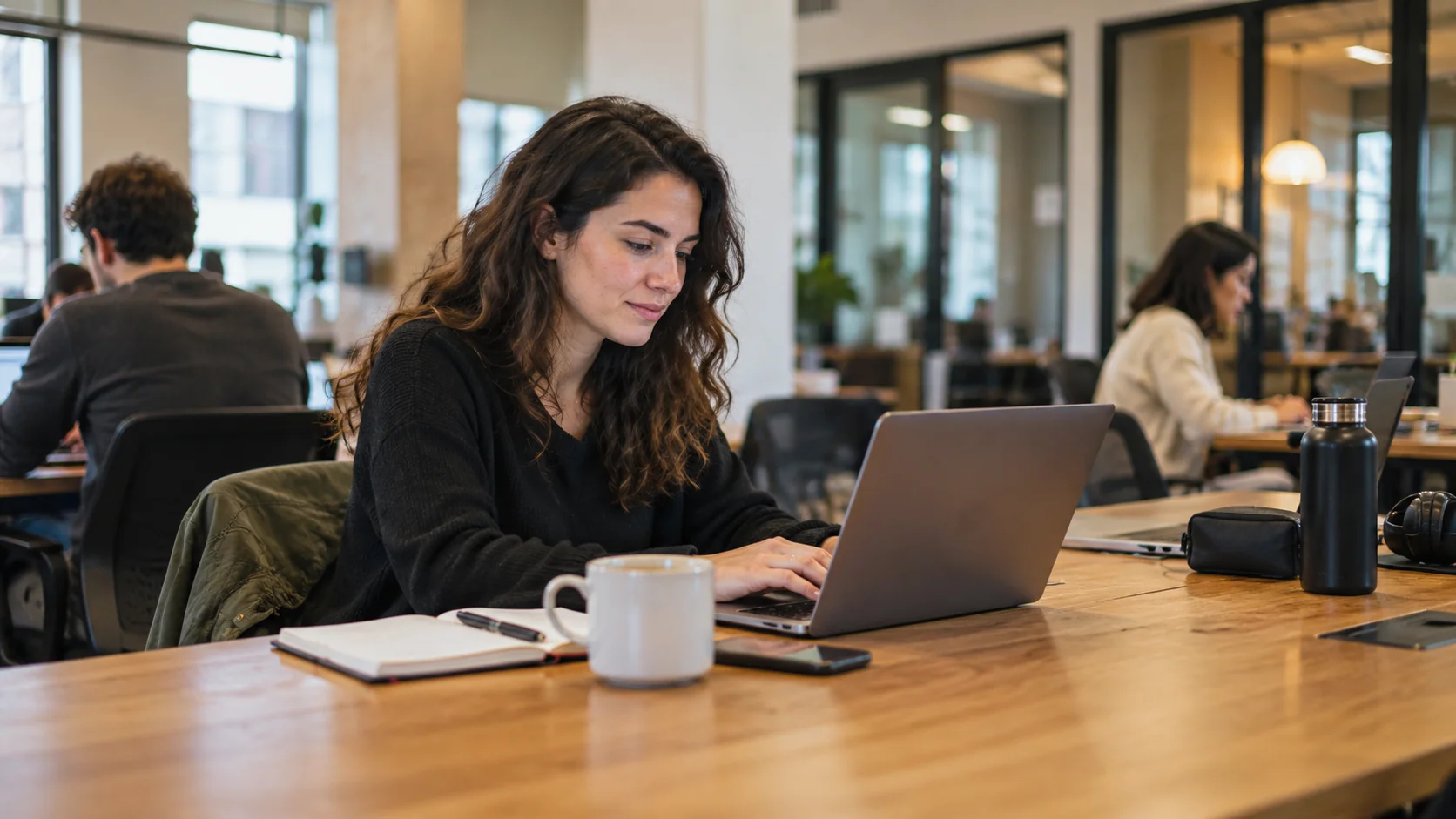 Professional working on a laptop in a modern coworking space in Istanbul while comparing flexible workspace options.