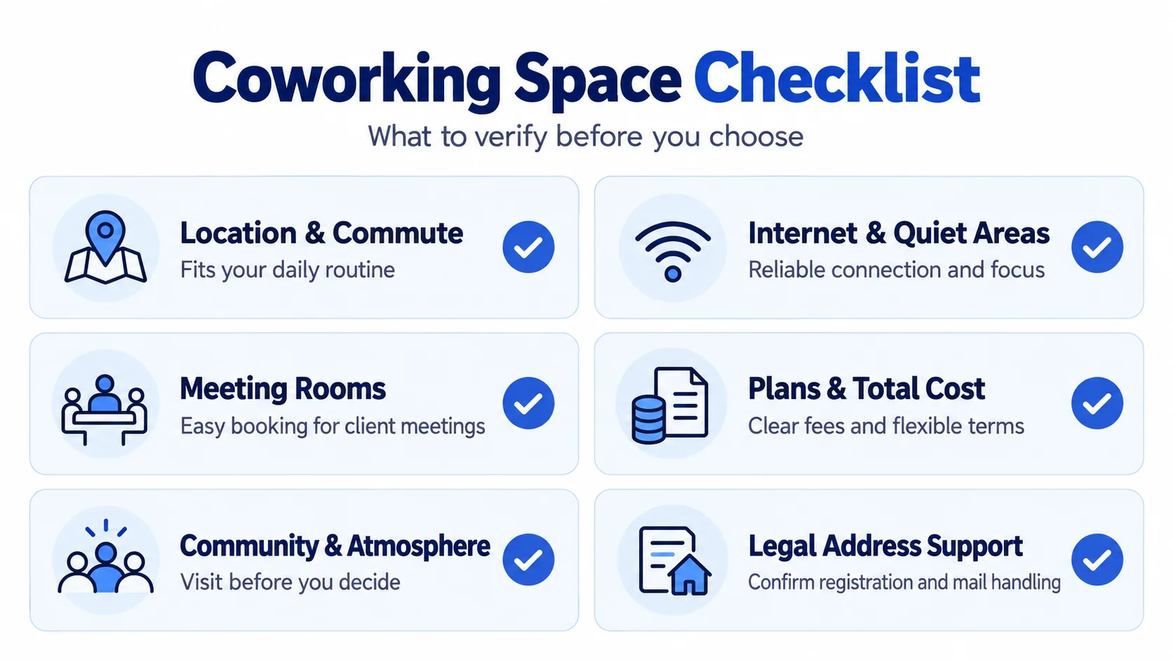Six-point checklist for evaluating coworking spaces in Istanbul, covering location, internet, meeting rooms, costs, community, and legal address support.
