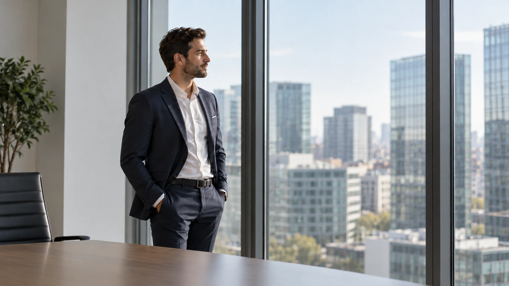 Business professional standing beside large windows in a modern office overlooking a city skyline, illustrating shared office options in Istanbul.
