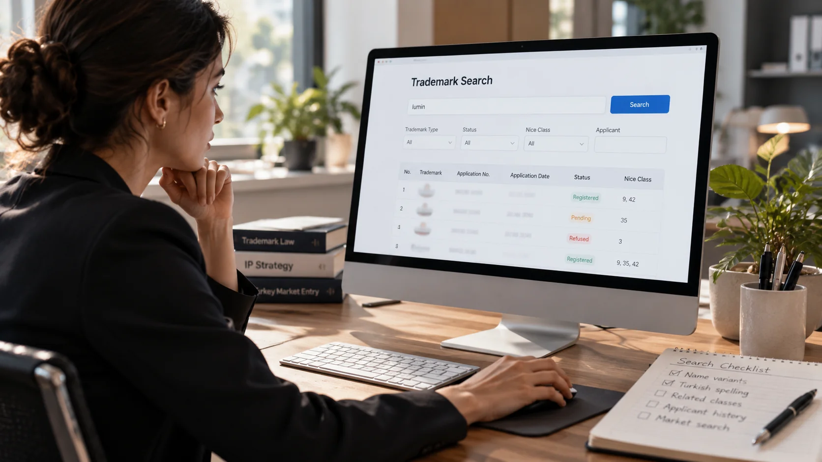 Professional conducting a trademark clearance search in the TÜRKPATENT database, reviewing similar marks, application status and Nice classes.