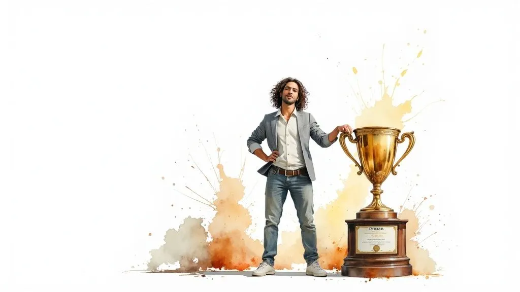 Genç girişimci elinde büyük ödül kupasıyla başarı ve devlet desteklerini simgeliyor.