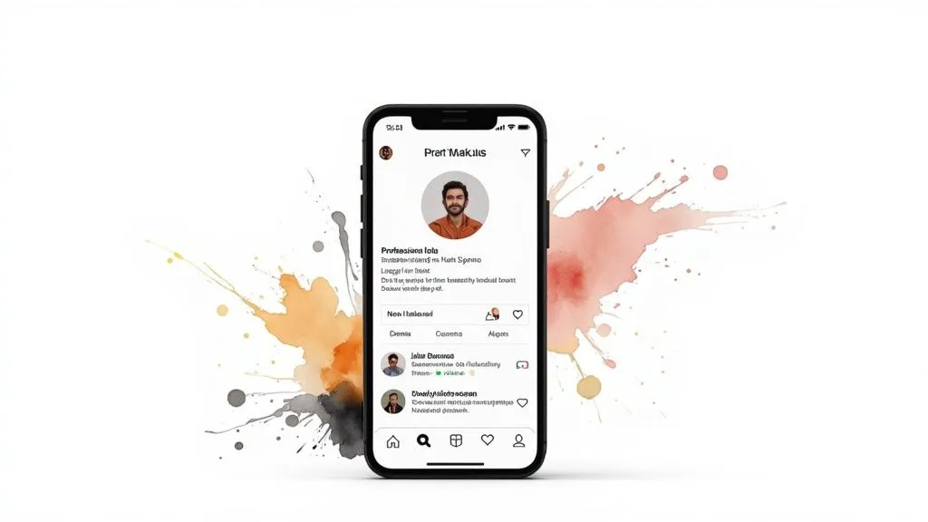 Instagram hesap büyütme stratejilerini anlatan telefon ekranı illüstrasyonu