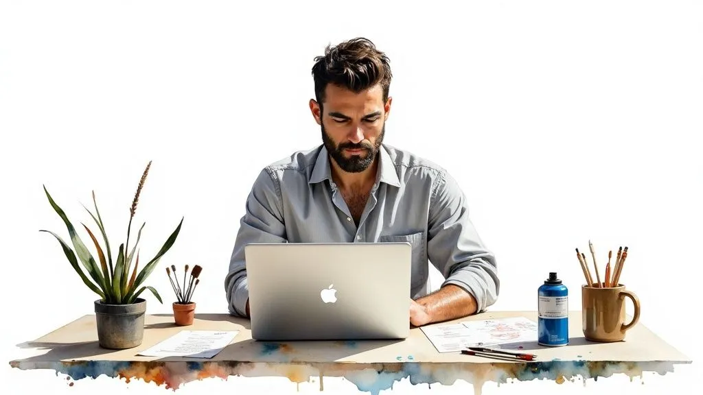 Şahıs şirketiyle e-ticarete hızlı başlangıç yapan girişimci bilgisayar başında çalışıyor