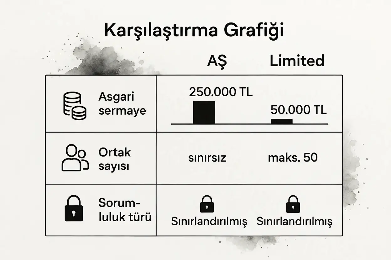 E-ticaret için hangi şirket türü seçilmeli? Anonim Şirket (AŞ) ve Limited Şirket’in asgari sermaye, ortak sayısı ve sorumluluk türü açısından karşılaştırma grafiği.